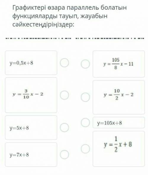 Графиктері өзара параллель болатын функцияларды тауып, жауабын сəйкестендірініздер​