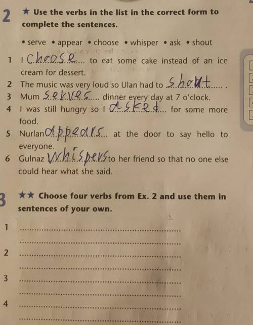 3 ** Choose four verbs from Ex. 2 and use them insentences of your own.1 234​