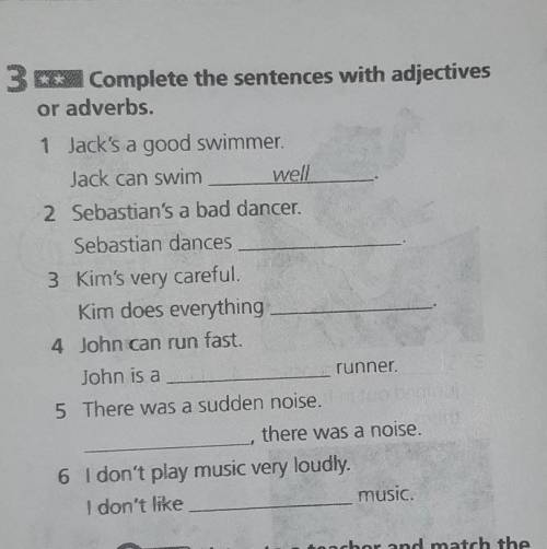 3 Complete the sentences with adjectives or adverbs.1 Jack's a good swimmer.Jack can swim well2 Seba