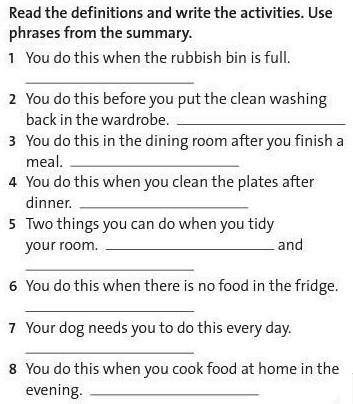 Варианты ответов:clean the car/the floor/your room clear the table do the ironing/the shopping/the v