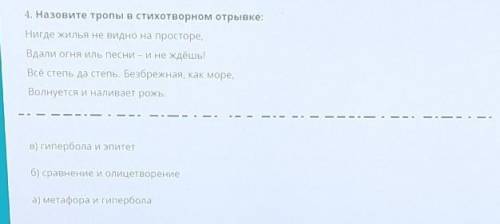 4. Назовите тропы в стихотворном отрывке: Нигде жилья не видно на просторе,Вдали огня иль песни – и