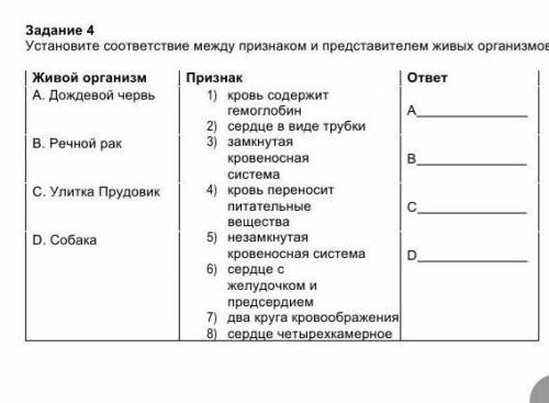 Установите соответствие между признаком и представителям живых организмов​