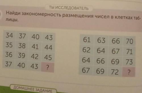 Найди закономерность размещения чисел в клетках таб- лицы.34 37 40 4361 63 667035 38 41 4436 39 42 4