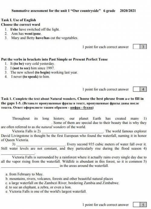Summative assessment for the unit 1 “Our countryside” 6 grade 2020/2021 Task I. Use of EnglishChoose