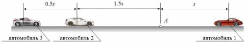 Три автомобиля находятся на одной горизонтальной прямой дороге. Расположение автомобилей показано на