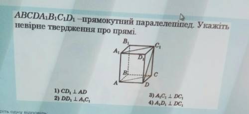 АВСDA1B1C1D1- прямоугольный параллелепипед. Укажите неправильное утверждение про прямые. (Смотрите в