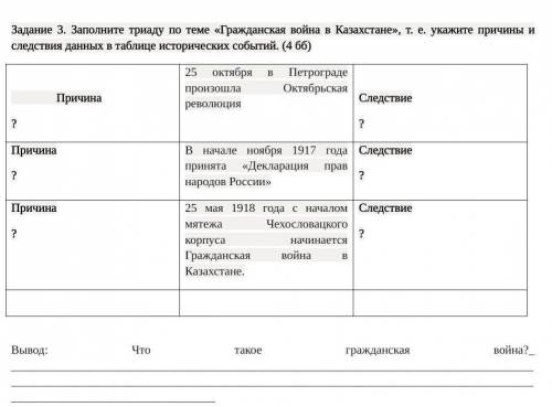 Заполните Триаду по теме Гражданская война в Казахстане т.е. Укажите причины и следствия данных в та