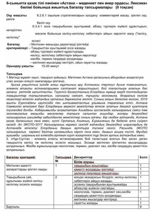 Бжб по қазақ тили 6 сынып2 тоқсан есои не правильно бан​