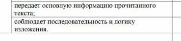 Задание1:Передает основную информатию прочитанного текста;Задание2:Соблюдает последовательность и ло