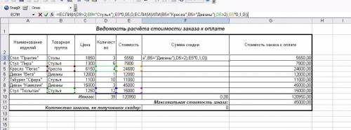 написать формулу. На картинке выдаёт ошибку. Предприятие производит мебель. При заказе на изготовлен