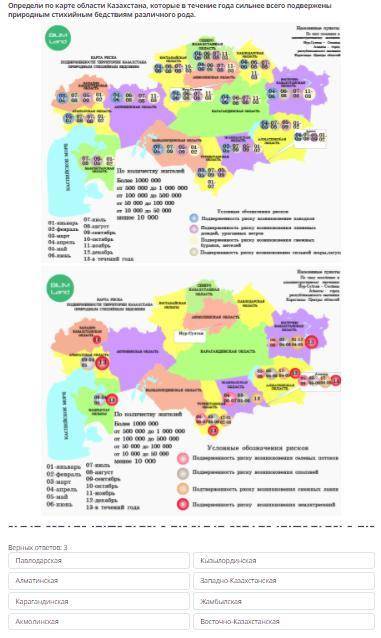 Определи по карте области Казахстана, которые в течение года сильнее всего подвержены природным стих