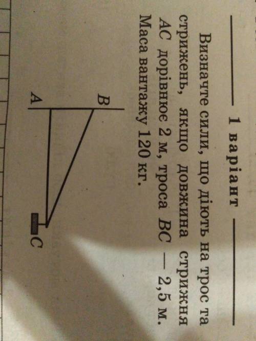 Визначте сили, до діють на трос та стрижень, якщо довжина стрижня АС дорівнює 2 м, троса ВС - 2,5 м.