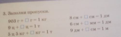3. Заполни пропуски. 8 см + Осм = 1 дм6 см + 0 мм=9 дм + Осм = 1 м903 г + Ог= 1 кг9 ц+ Оц= 1 т5 ц 5