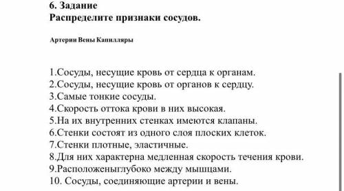 6. Задание Распределите признаки сосудов. Артерии Вены Капилляры 1.Сосуды, несущие кровь от сердца к