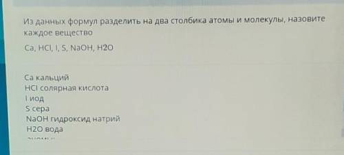 Из данных формул разделить на два столбика атомы и молекулы, назовите каждое вещество Ca, HCI, I, S,