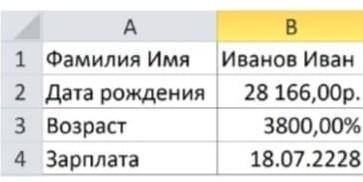 1 Фамилия Имя Иванов Иван 2 Дата рождения 28 166,00р. 3 Возраст 3800,00% 4 Зарплата 18.07.2228