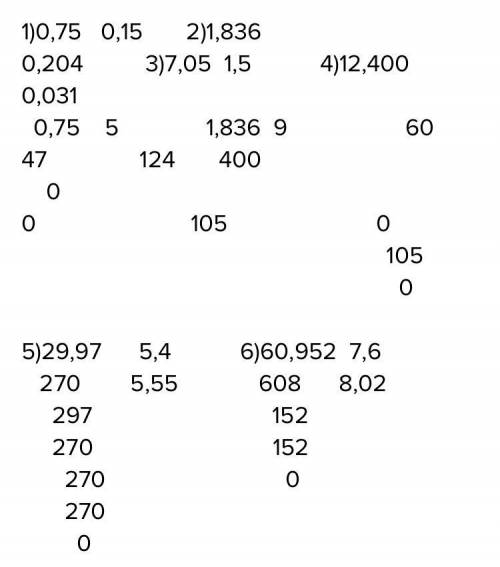 А) 0,75:0,15 б) 1,836:0,204в) 7,05:1,5г) 12,4:0,031д) 14,3:0,44е) 60,952:7, 6в столбик!​
