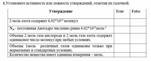 Установите истинность или ложность утверждений, отметив их галочкой. Утверждение True False 2 моль а