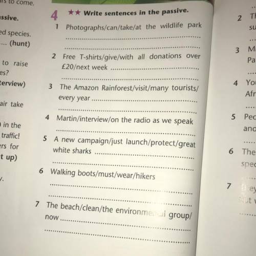 4. ** Write sentences in the passive. 1 Photographs/can/take/at the wildlife Park 2 Free T-shirts/gi