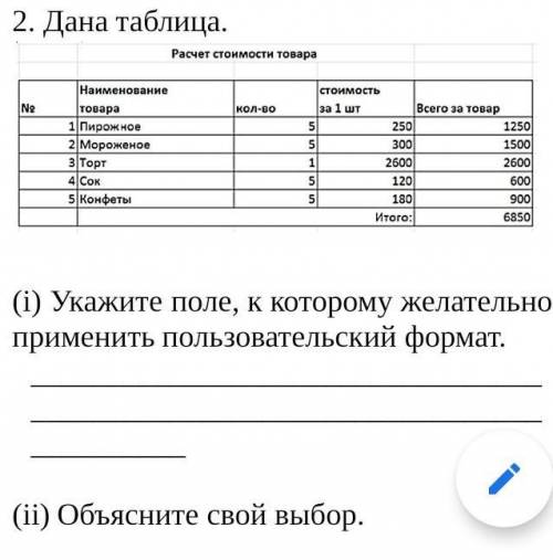 2. Дана таблица. (i) Укажите поле, к которому желательно применить пользовательский формат. [1](ii)