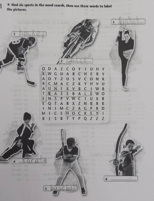 Find six sports in the word search, then use these words to labelthe pictures.​