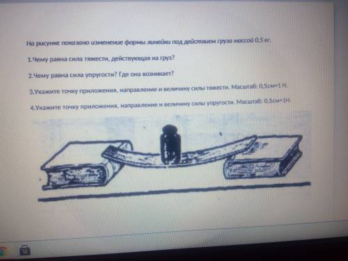 На рисунке показано изменение формы линейки под действием груза массой 0,5кг 1)Чему равна сила тяжес