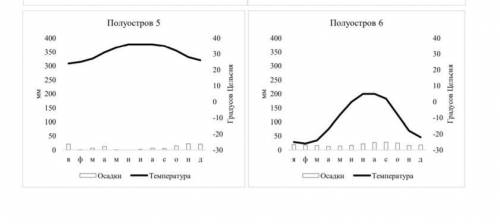 Перед вами климатограммы некоторых населённых пунктов мира, расположенных на крупных полуостровах. О