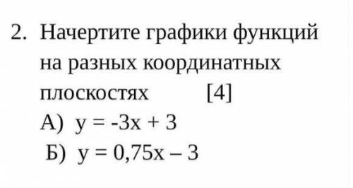 Начертите графики функций на разных координатных плоскостях [4] А) у = -3х + 3 Б) у = 0,75х – 3 ​
