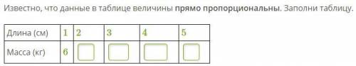 Известно, что данные в таблице величины прямо пропорциональны. Заполни таблицу.