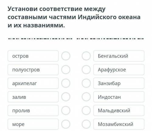 Установи соответствие между составными частями Индийского океана и их названиями​