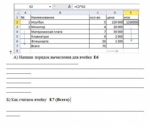 А) Напиши порядок вычисления для ячейки Е6 Б) Как считаем ячейку Е7 (Всего)