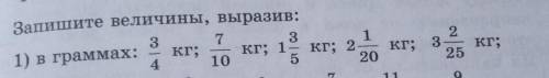 1 7588. Запишите величины, выразив:1) в граммах:1.3кг;4кг; 1кг; 21кг;202325кг;10​