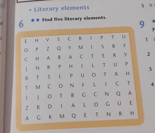 Literary elements** Find five literary elements.