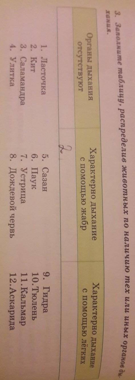 3. Заполните таблицу, распределив животных по наличию тех или иных органов ды. хания.Органы дыханияо
