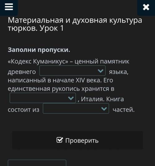 Материальная и духовная культура тюрков. Урок 1 Заполни пропуски.«Кодекс Куманикус» – ценный памятни