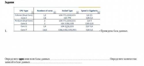 Приведена база данных. Определите одно имя поля базы данных ………………………………………..…………………. Определите кол