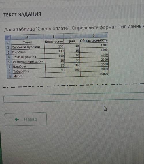 Дана таблица счёт к оплате Определите формат тип данных ячеек A2 A7​