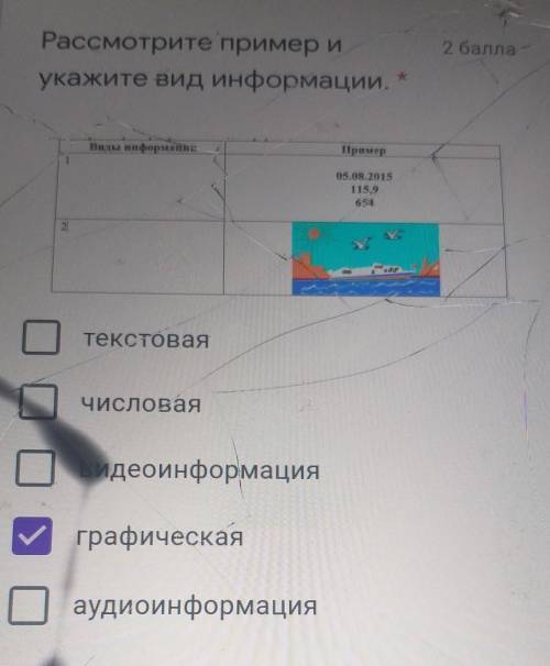 Рассмотрите пример и укажите вид информации.Виды информацииПример105.08.2015115,9654текстоваячислова