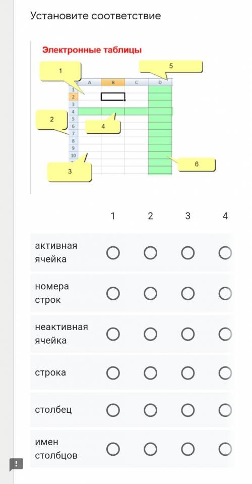 Установите соответствие ￼123456активная ячейканомера строкнеактивная ячейкастрокастолбецимен столбцо