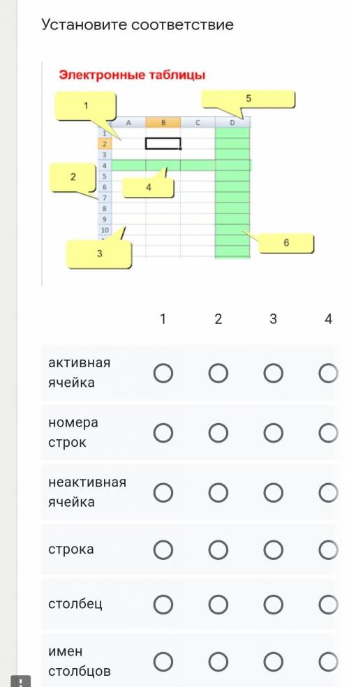 Установите соответствие ￼123456активная ячейканомера строкнеактивная ячейкастрокастолбецимен столбцо