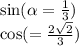 \sin( \alpha = \frac{1}{3} ) \\ \cos( = \frac{2 \sqrt{2} }{3} )