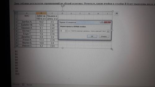 Дана таблица результатов соревнований по легкой атлетике. Отметьте, какие ячейки В столбце В будут в