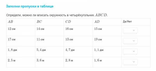 Определи, можно ли вписать окружность в четырехугольник abcd 8 класс