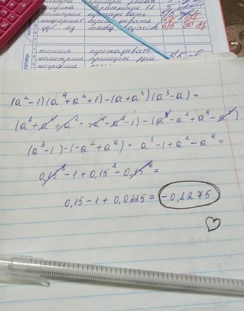 Упростить выражение: (a²-1)(a^4+a²+1) - (a+a³)(a³-a) И найти его числовое значение при а= 0,15