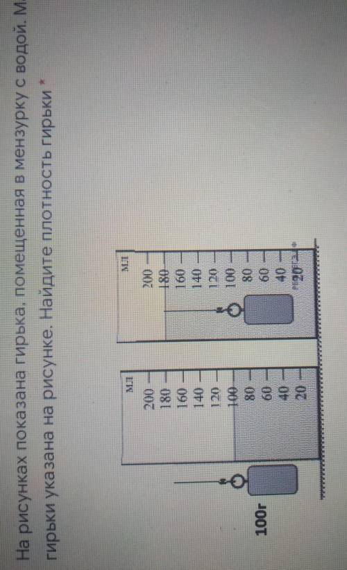 На рисунках показана гирька, помещенная в мензурку с водой. Масса гирьки указана на рисунке. Определ