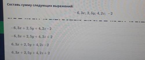 Составь сумму следующих выражений: — 6, 3x; 2, 5у; 4, 2z; - 2– 6, 3х + 2, 5у +4, 2z - 2— 6, 3х + 2,