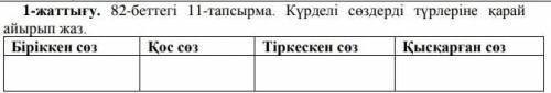 1-жаттығу. 82-беттегі 11-тапсырма. Күрделі сөздерді түрлеріне қарай айырып жаз