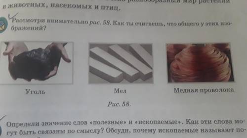 Рассмотри внимательно рис. 58. Как ты считаешь, что общего у этих изо бражений? УГОЛЬ МЕЛ МЕДНАЯ ПРО