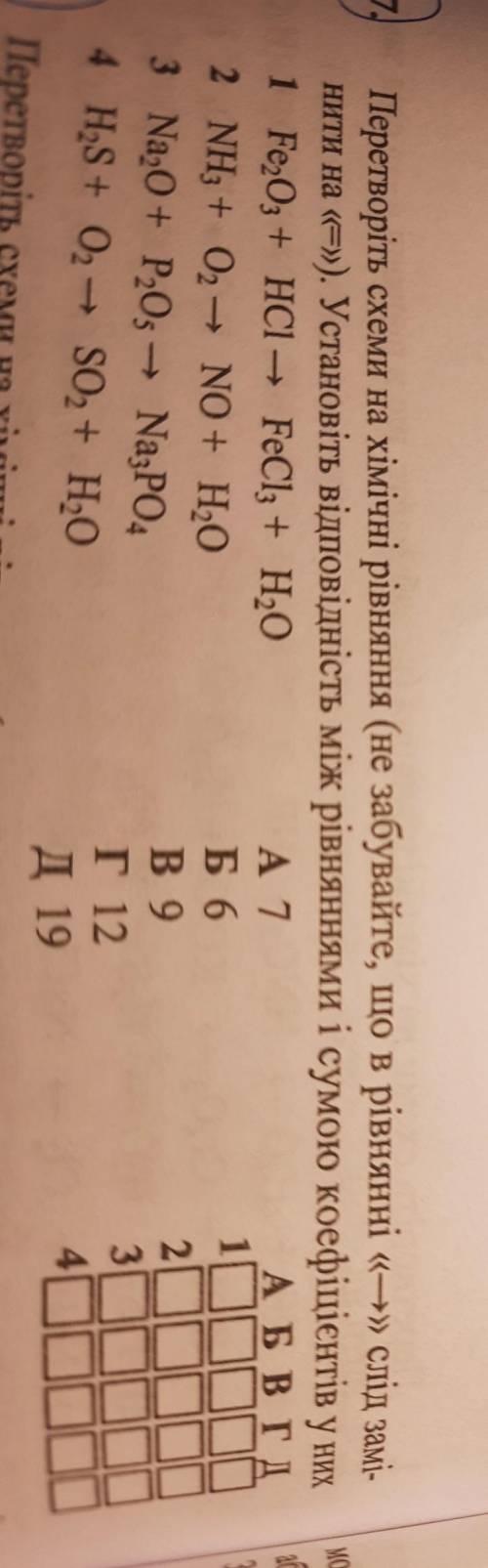 перетворіть схеми на хімічні рівняння .Установіть відповідність між рівняннями і сумою коефіцієнтів