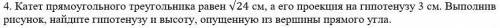 Катет прямоугольного треугольника равен √24 см, а его проекция на гипотенузу 3 см. Выполнив рисунок,